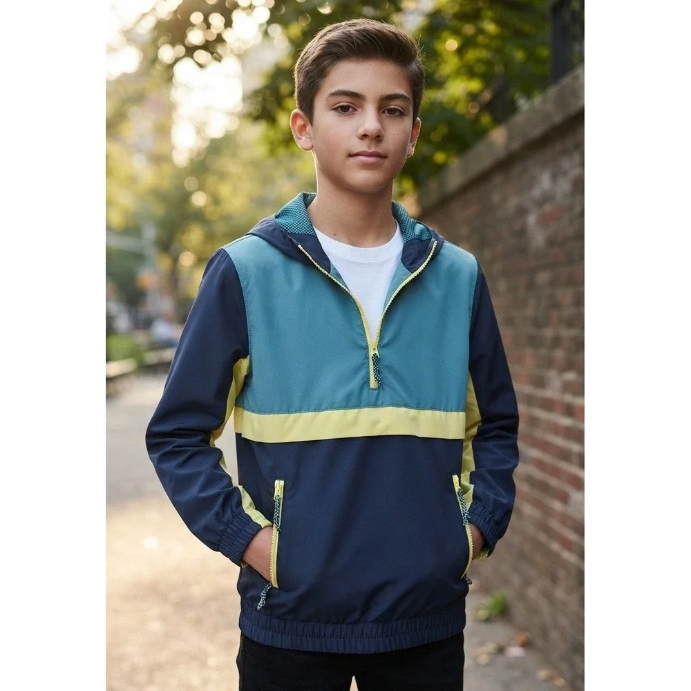 Tommy Bahama Boys Windbreaker Colorblock Hooded Jacket Size M 7/8 Navy Teal
